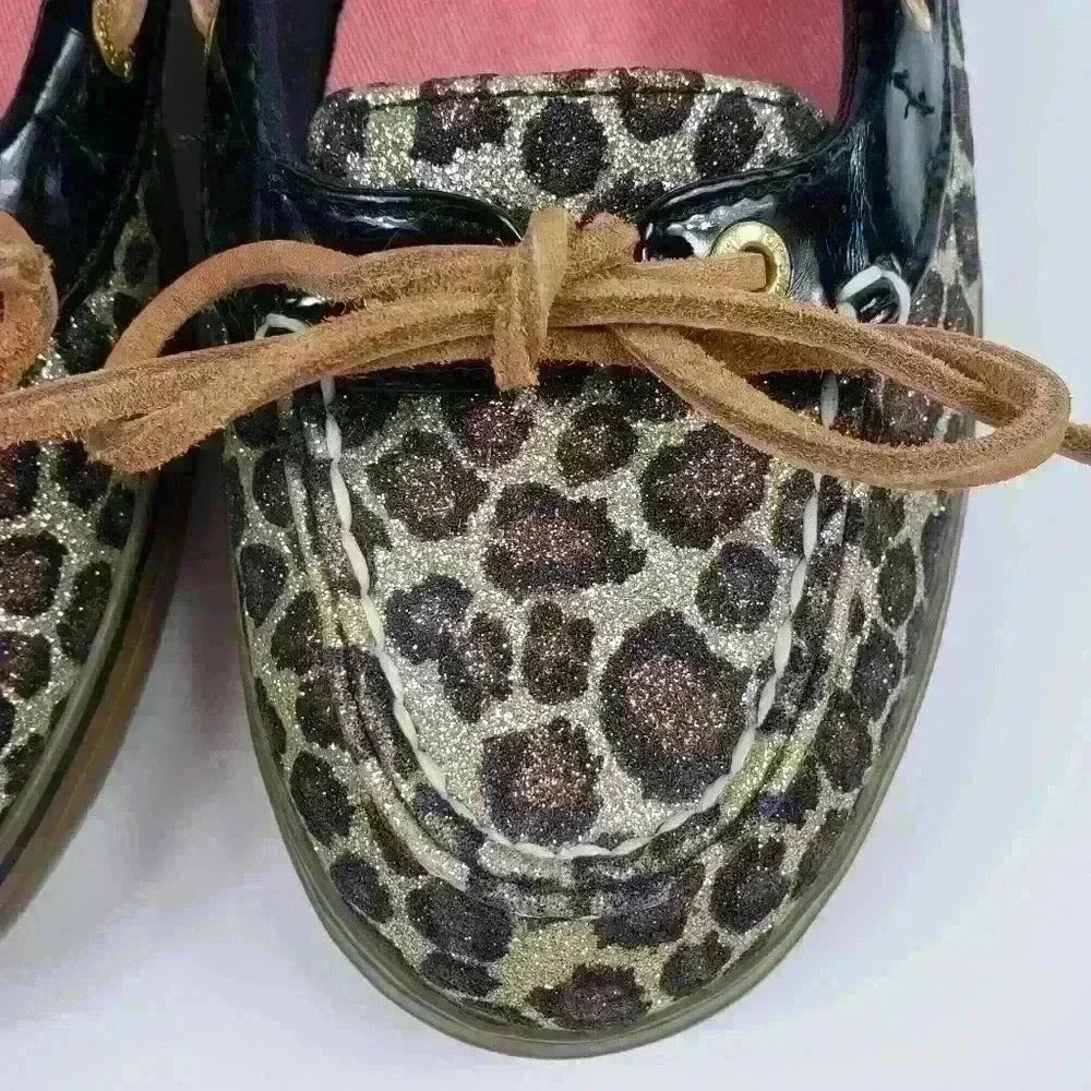 Sperry Top Sider Boat Shoes Sparkly Leopard Brown Black Raw Hide Lace Size 7.5M - Picture 5 of 16